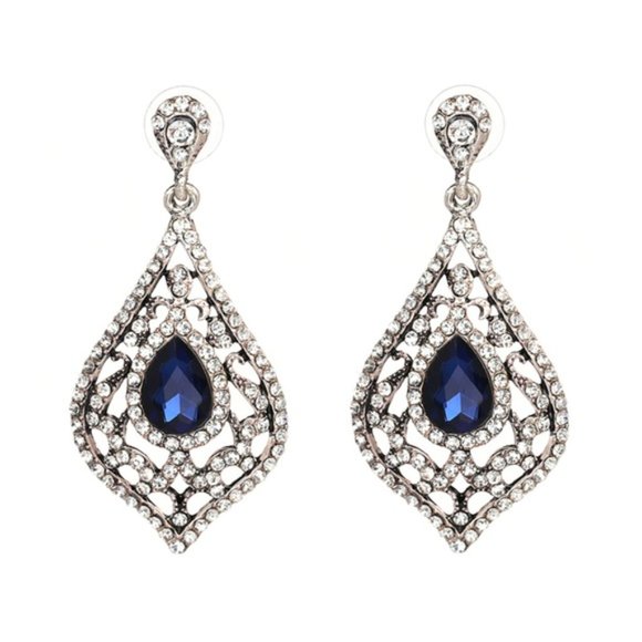 Jewelry - NEW Blue Sapphire White Crystals Vintage Style Bridal Statement Earrings